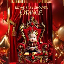 Convites Royal Prince Baby Shower Red Gold Chair