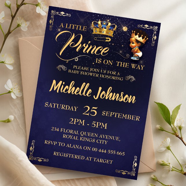 Convites Royal Prince Chá de fraldas African American Boy (Royal Prince Baby Shower African American Boy Invitation)