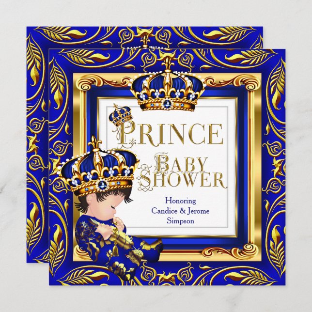 Convites Royal Prince Chá de fraldas Blue Dourado Crown Bru (Frente/Verso)