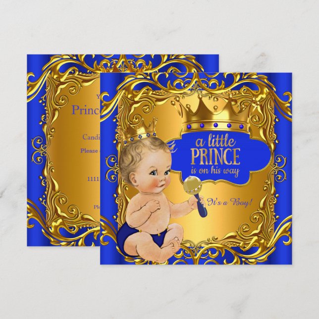 Convites Royal Prince Chá de fraldas Blue Dourado Rattle Bl (Frente/Verso)