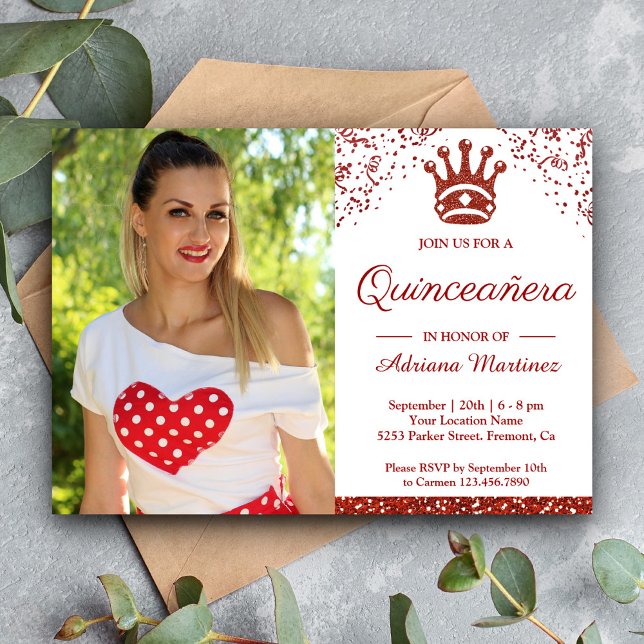 Convites Royal Princess Red Glitter Photo Quinceanera (Criador carregado)