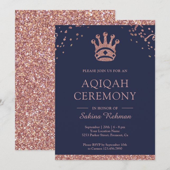 Convites Royal Princess Rosa Dourada Glitter Aqeqah | Aqiqa (Frente/Verso)