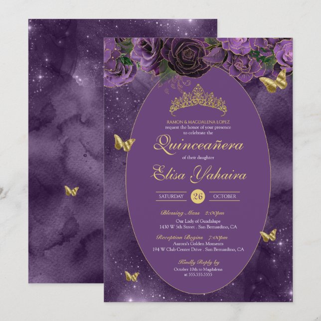 Convites Royal Purple Dourada Borboleta de Luxo Quinceanera (Frente/Verso)