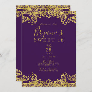 Convites Royal Purple e Dourado Lace Elegante Sweet 16 Part