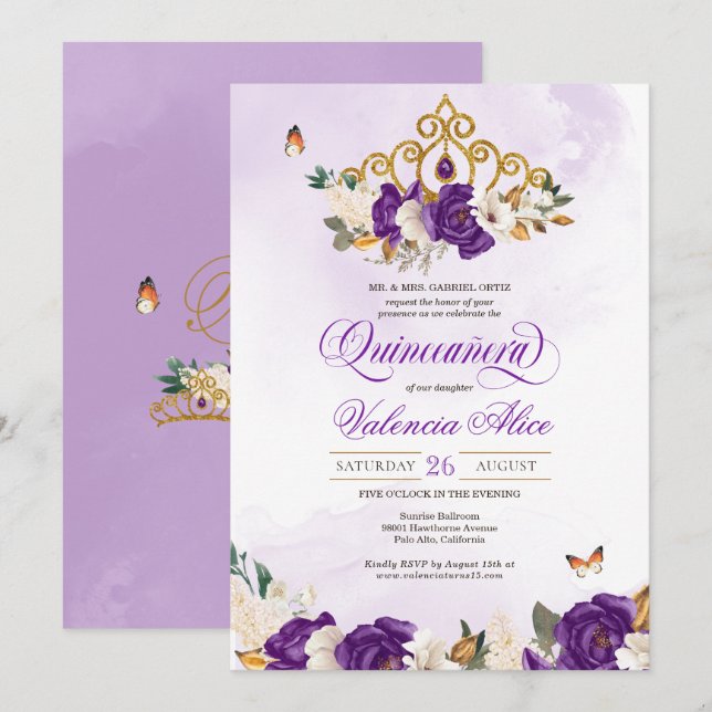 Convites Royal Purple Rosa Butterfly Princess Quinceanera (Frente/Verso)