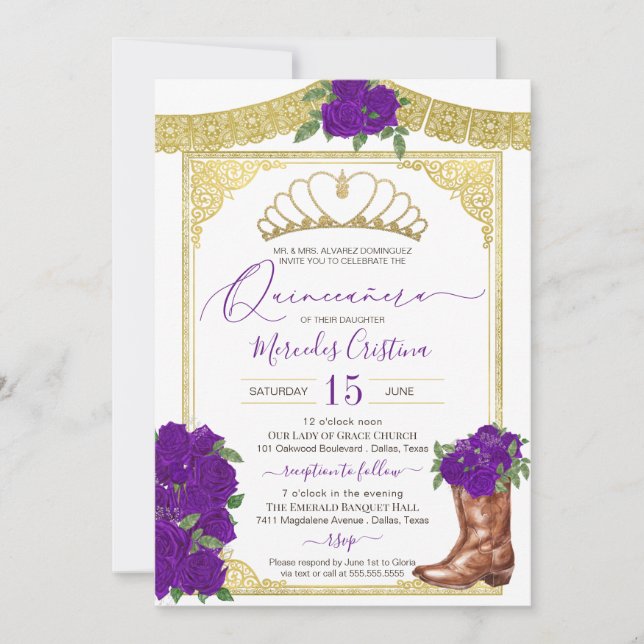 Convites Royal Purple Rosa Floral Charro Quinceanera (Frente)