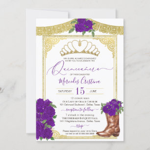 Convites Royal Purple Rosa Floral Charro Quinceanera
