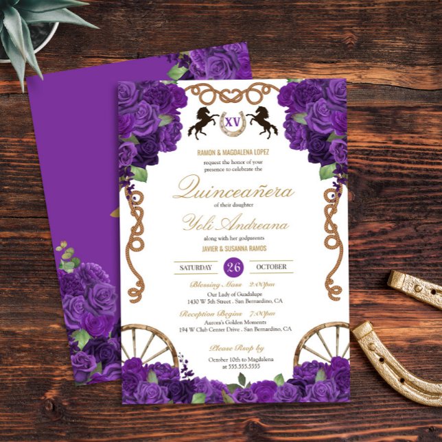 Convites Royal Purple Rosa Western Charro Quinceañera (Criador carregado)