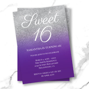Convites Royal Purple Silver Ombre Glitter Sweet 16