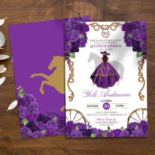 Convites Royal Purple Western Charro Floral Quinceanera