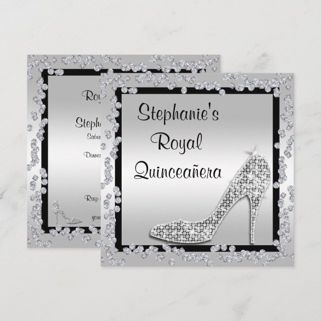 Convites Royal Quinceañera Joia Prateada Stiletto (Frente/Verso)