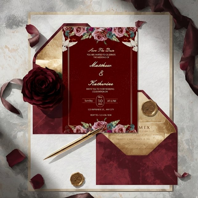 Convites Royal Red & Gold Floral Dove Wedding Invite (Criador carregado)