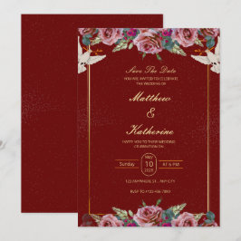 Convites Royal Red & Gold Floral Dove Wedding Invite