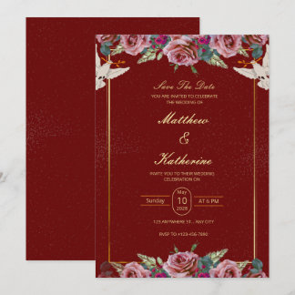 Convites Royal Red & Gold Floral Dove Wedding Invite