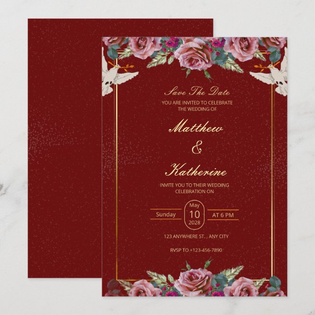 Convites Royal Red & Gold Floral Dove Wedding Invite (Frente/Verso)