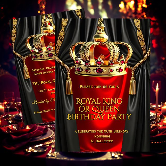 Convites Royal Red Gold King Queen Crown Birthday Party (Criador carregado)