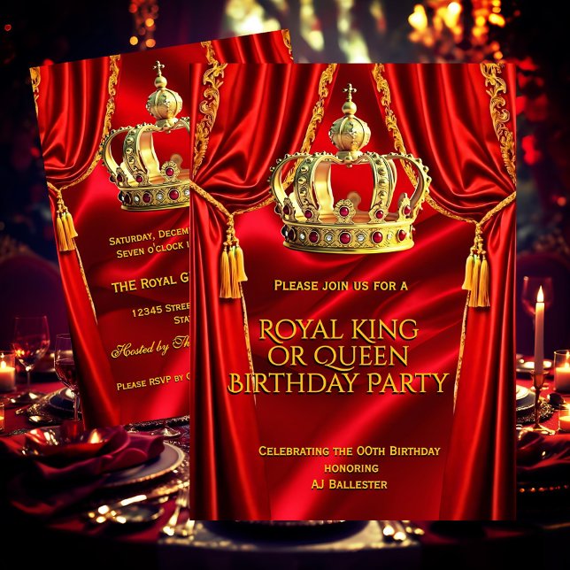 Convites Royal Red Gold King Queen Crown Birthday Party 2 (Criador carregado)