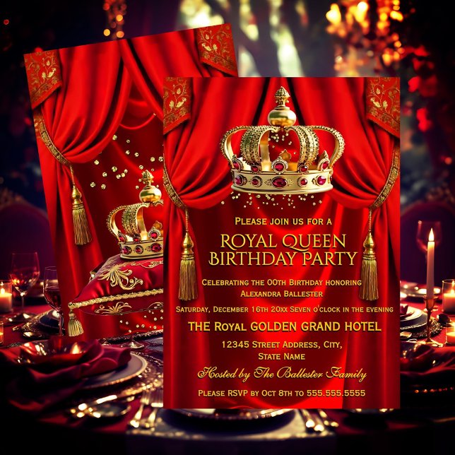 Convites Royal Red Gold Queen Crown Birthday Party (Criador carregado)