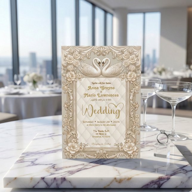 Convites Royalcore Rococo Gold Swans Fairytale Wedding (Criador carregado)