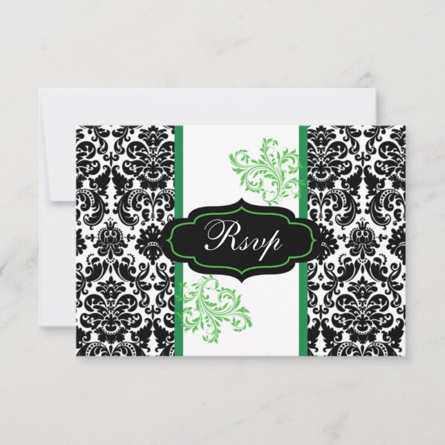 Convites RSCP de casamento em rolo de damasco preto, branco (Frente)