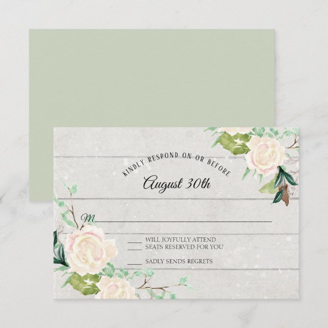 Convites RSVP Arte em Aquarela de Madeira Rústica Floral Ro (Frente/Verso)
