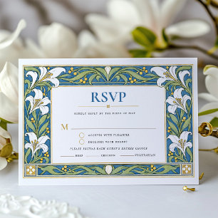 Convites RSVP Azul Art Nouveau Lírio Casamento
