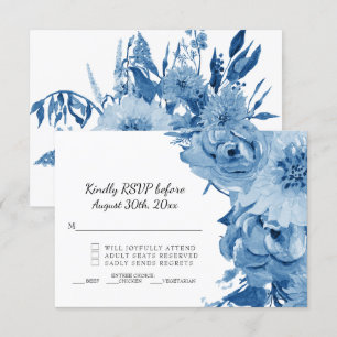 Convites RSVP Azul e Branco Aquarela Casamento Floral Moder