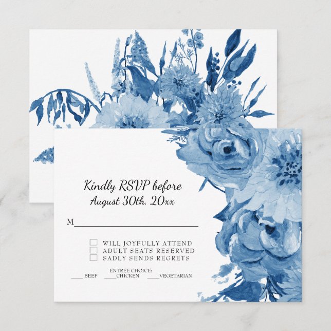 Convites RSVP Azul e Branco de Aguarela Floral Moderna Casa (Frente/Verso)