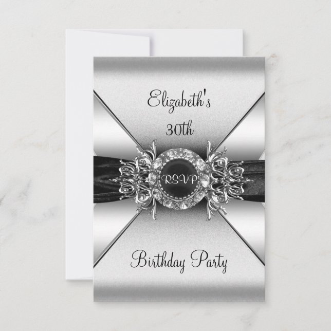 Convites RSVP Birthday Diamond Jewel Black White Silver (Frente)