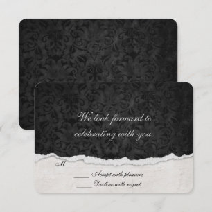 Convites RSVP Black Damask com borda de borda rasgada