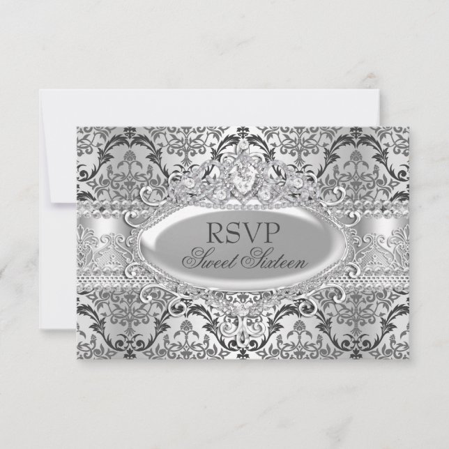 Convites RSVP bonito Silver Damask Sweet 16 (Frente)