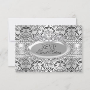 Convites RSVP bonito Silver Damask Sweet 16