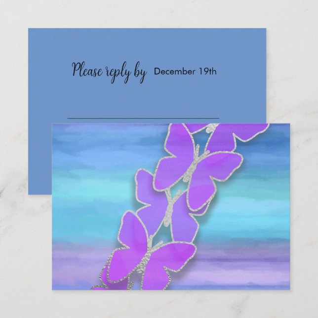Convites RSVP Borboleta Turquesa Purple Watercolor (Frente/Verso)