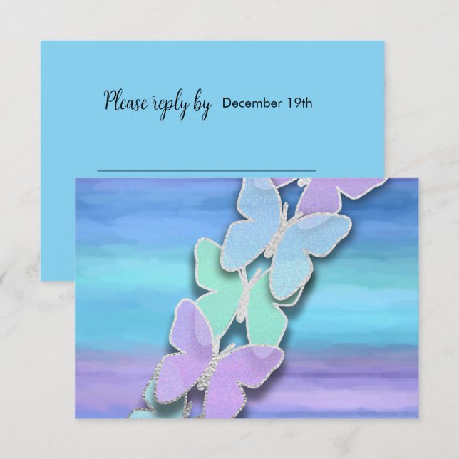 Convites RSVP Borboleta Turquesa Purple Watercolor (Frente/Verso)