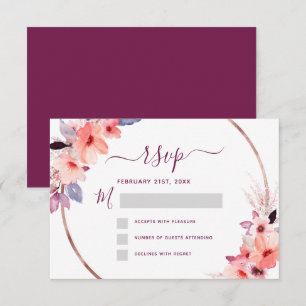 Convites RSVP Borgonha Floral Rosa Dourado Geométrico Casam