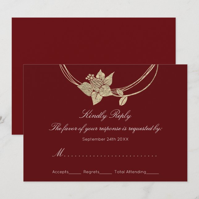 Convites RSVP Burgundy Maroon Dourado Wreath Casamento Flor (Frente/Verso)