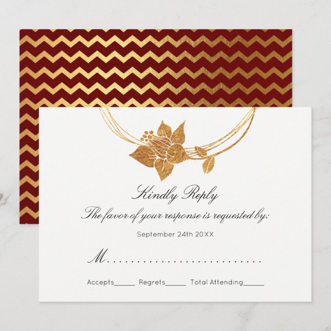 Convites RSVP Burgundy Maroon Floral Wreath Chevron Dourado (Frente/Verso)