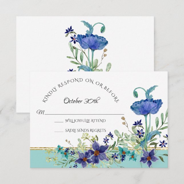 Convites RSVP Casamento Aqua Azul w Pãozinho Aquarela Flora (Frente/Verso)
