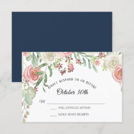 Convites RSVP Casamento Azul Marinho Bege Rosas Floral