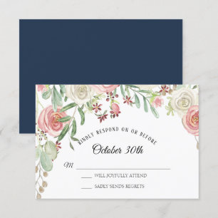Convites RSVP Casamento Azul Marinho Bege Rosas Floral