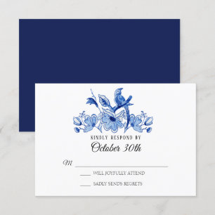 Convites RSVP Casamento Azul-Marinho Chinoiserie Floral Aqu