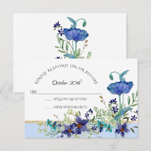 Convites RSVP Casamento Azul Pálido Papoila Aquarela Floral (Frente/Verso)