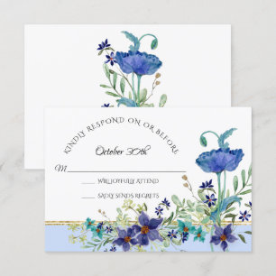 Convites RSVP Casamento Azul Pálido Papoila Aquarela Floral