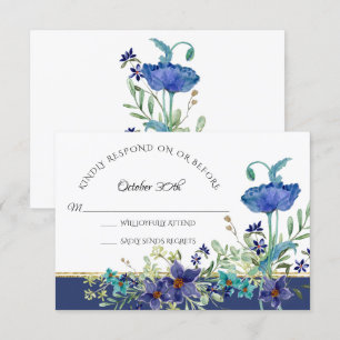 Convites RSVP Casamento Azul Papoula Foliagem Floral Aquare