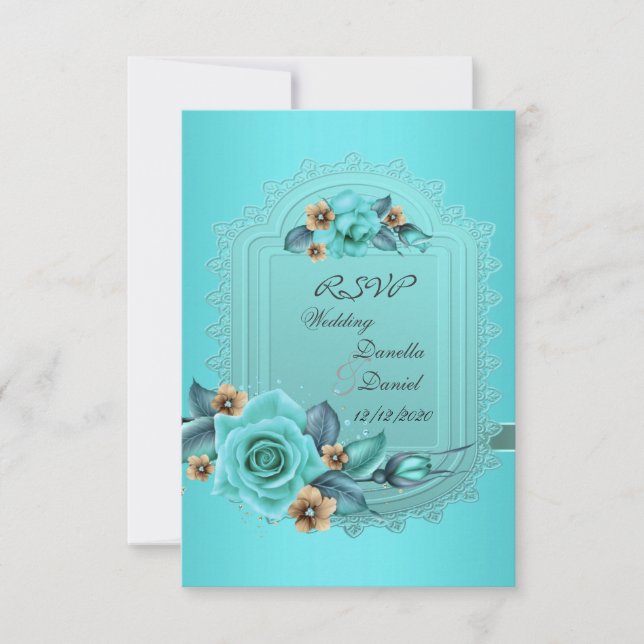 Convites RSVP Casamento Azul Turquesa Bege Rosas Flores 2 (Frente)