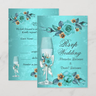 Convites RSVP Casamento Azul Turquesa Rosas Champanhe Flore