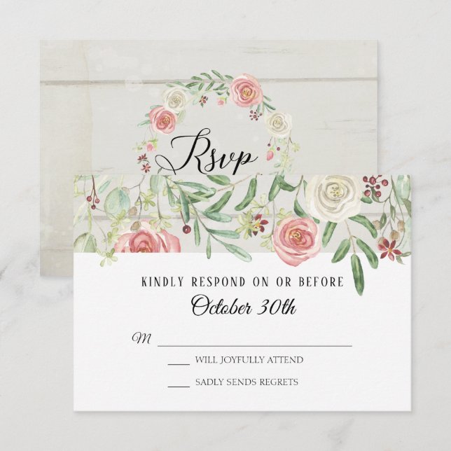 Convites RSVP Casamento Bege Rosa Blush Prancha de Madeira  (Frente/Verso)