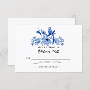Convites RSVP Casamento Blue Chinoiserie Floral Watercolor