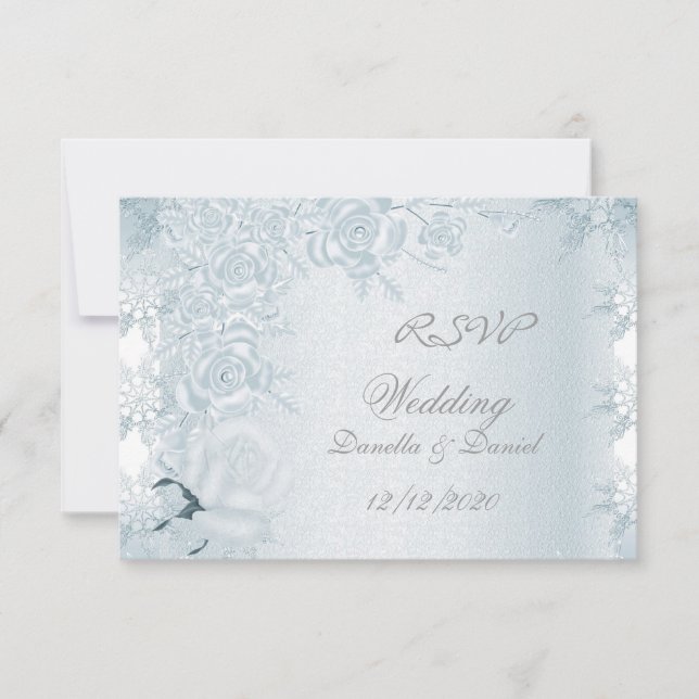 Convites RSVP Casamento Branco Prata Flores de Rosas Azuis  (Frente)