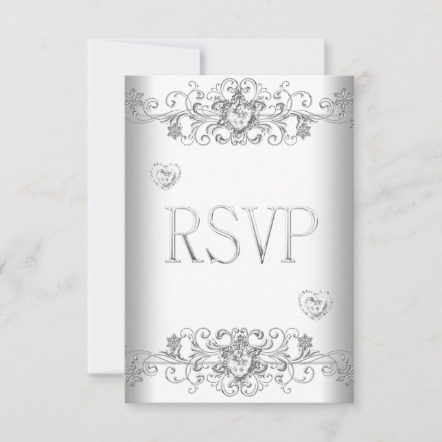 Convites RSVP Casamento Branco Puro Corações Brancos Diaman (Frente)